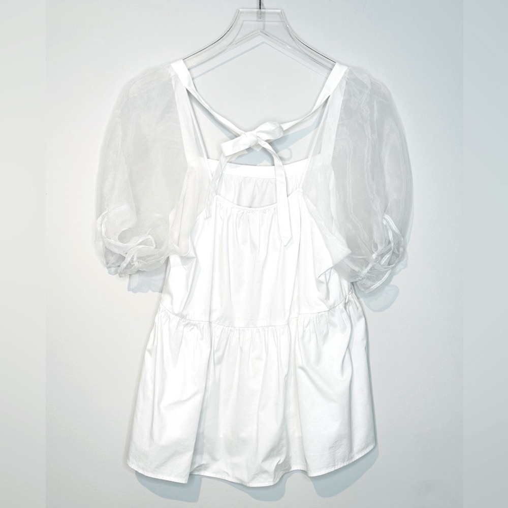 Tuckernuck Pomander Place Tinsley Organza Puff Sleeve White Top Shirt Blouse L - Picture 2 of 12
